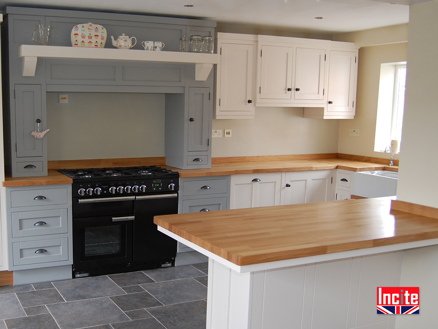 Bespoke Handmade Painted Shades of Grey And Oak Kitchen